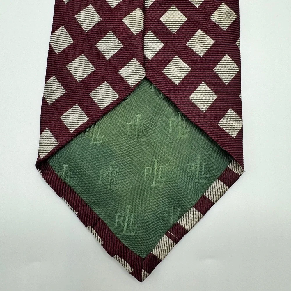 Lauren‎ Ralph Lauren Mens Silk Tie Burgundy Cream Geometric Diamond Luxury